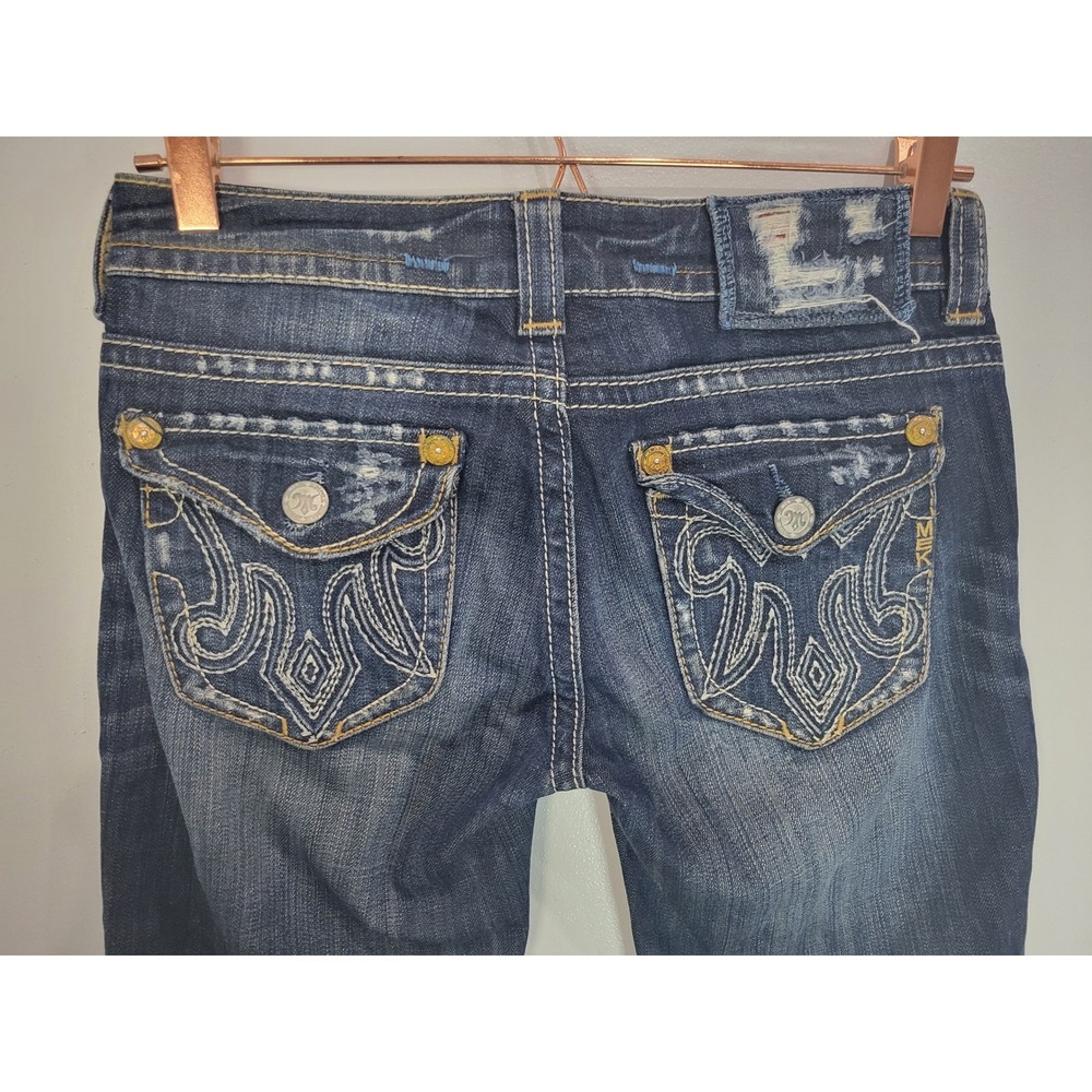 MEK‎ Denim Oaxaca Women 26/34 Dark Wash Distressed Embroidered Bootcut Jeans - Picture 4 of 8